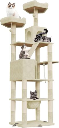 Великий котячий будиночок Kratzbaum 208 см з 3 анти-перекидною системою. Стабільний котячий будиночок XXL з 15 стовпчиками для дряпання, 2 платформами, 2 печерами, 1 рампою для дряпання та гамаком. Для великих котів (Бежевий)