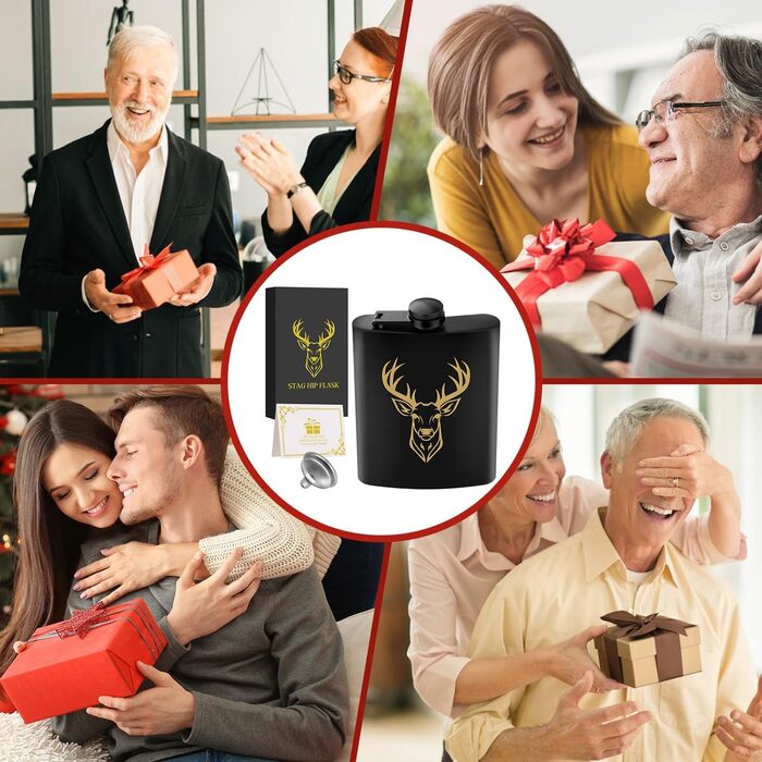 Фляга туристична 237мл з нержавіючої сталі, з воронкою та листівкою, подарункова коробка, з візерунком 'Золотий олень'