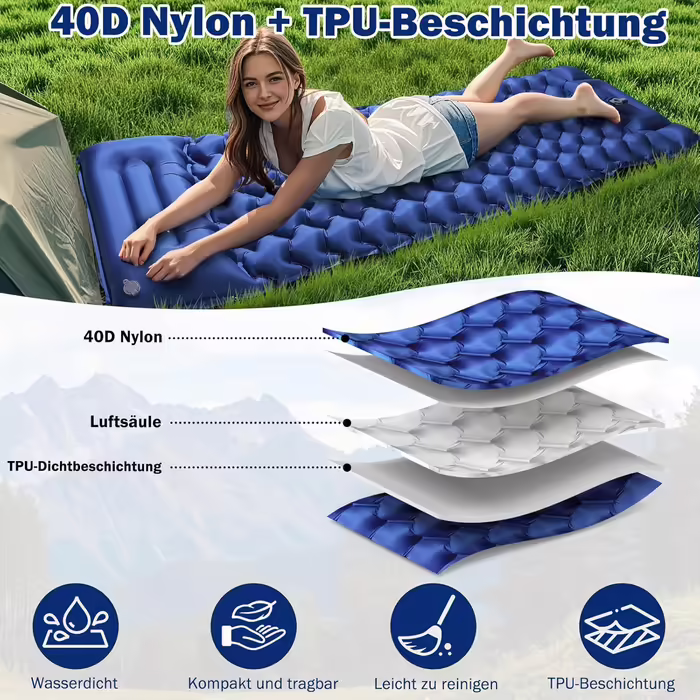 Isomatte Self-Inflating, Ultralight Inflatable Air Mattress, Camping Mattress with Foot Press Pump, Anti-Ripstop Portable Sleeping Pad Outdoor with Pillow for Hiking, Beach, Travel - Army Green (Single, Classic Blue)