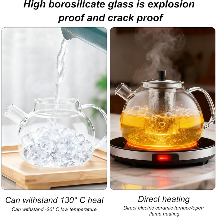 Скляний чайник з боросилікатного скла 1.5л з ситечком, підставкою для підігріву та кришкою — термостійкий чайник для листового, фруктового та пакетованого чаю, придатний для посудомийки