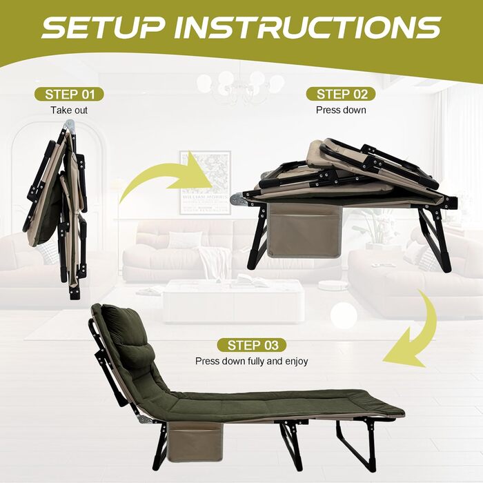 Розкладне ліжко для кемпінгу XXL - широке кемпінгове ліжко, розкладне ліжко, карпове ліжко з регульованою спинкою, ліжко для саду та відпочинку на відкритому повітрі (зелене)