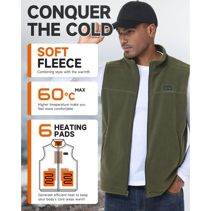 LABCOOL Грівачка жилетка для чоловіків, нагрівальна жилетка з мікрофлісу, 6 зон нагріву, 3 температурні режими, USB живлення з Powerbank 10000mAh, можна прати в пральній машині (Зелений, M)