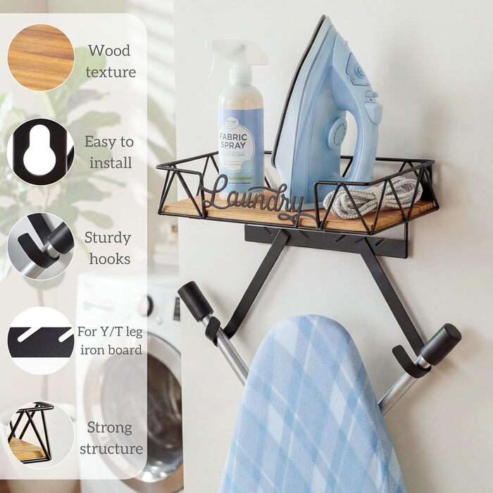 Підставка для прасувальної дошки PERFNIQUE з відкидною конструкцією, знімні гачки (T- та V-подібні), кошик з дерев'яною основою, декор у стилі фермерської кухні, органайзер для прання