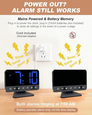Цифровий будильник з LED-дисплеєм та RGB-підсвіткою, потужний сигнал 30-110 дБ для міцного сну, USB-порт, функція Snooze, настільний годинник (Синій)
