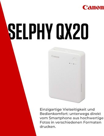 Canon Selphy QX20: Портативний принтер для друку з мобільного – бездротовий, термосублімаційний, USB-C, білий (без чорнил/паперу)