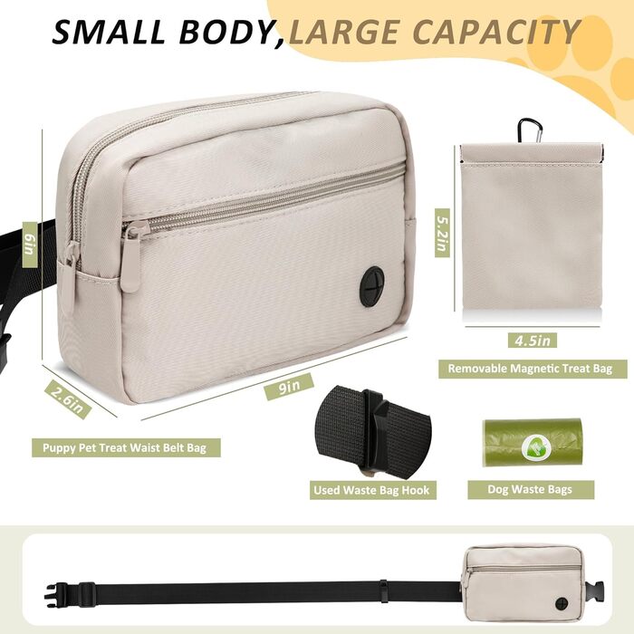 Сумка для собак з карабіном, сумка для тренування цуценят з відділенням для ласощів та тримачем для пакетів для вигулу, зручна сумка для перенесення ласощів для тварин з регульованим поясним ременем (Бежева)