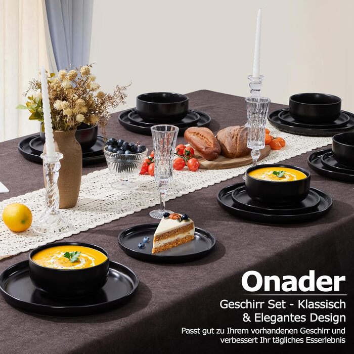 Набір посуду Onader на 6 осіб: 18-ти частинний сервіз з каменю, 6 тарілок, десертних тарілок, мисок, стійкий до миття в посудомийній машині та подряпин (Класичний чорний)