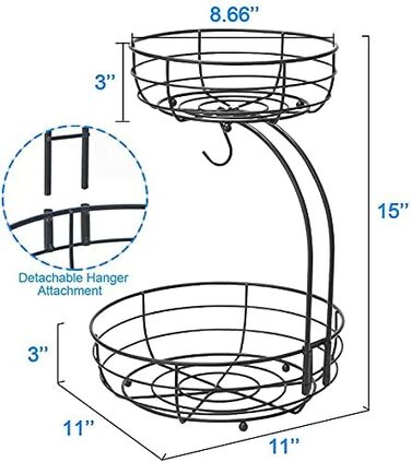 Металева фруктова корзина Stöckig з підставкою для бананів, чорна | Сучасна корзина для кухні
