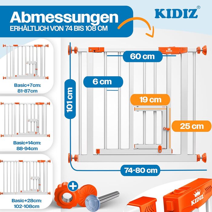 Захисне ворота KIDIZ для дітей з люком для котів, без свердління | Захист від падіння, поворотне, біле/помаранчеве, ширина 74-80 см