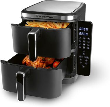 Фритюрниця повітряна GOURMETmaxx FryUp Vertikale з двома камерами, 10 літрів, чорна | 4 рівні для приготування 4 страв | сенсорне дисплей | економія місця