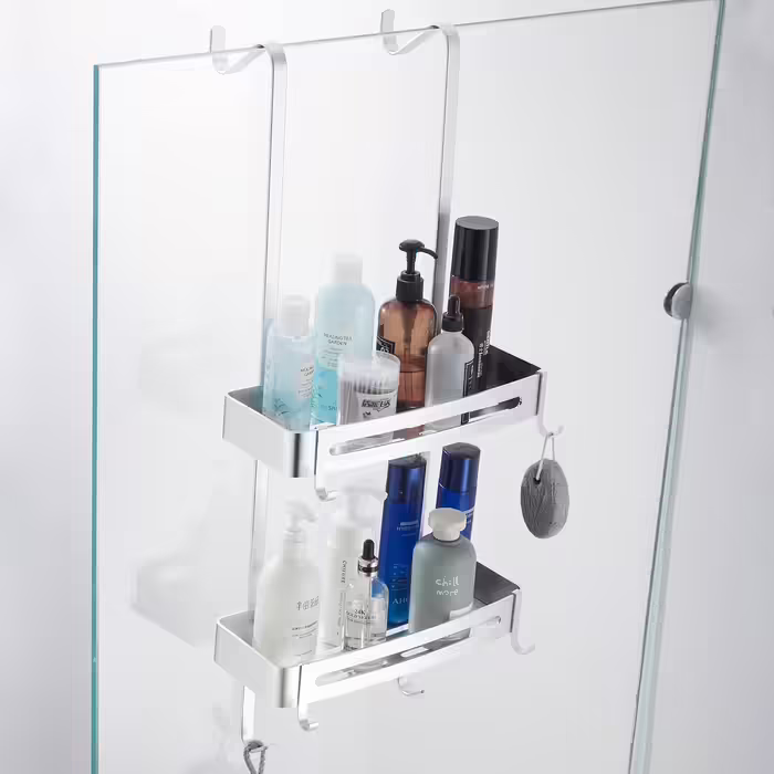 MOGFCT Shower Shelf for Hanging, Bathroom Shower Storage, Over-the-Door Hanging Shower Shelf, Stainless Aluminum Shower Shelf, Bathroom Shelf with Hooks (Double Silver)