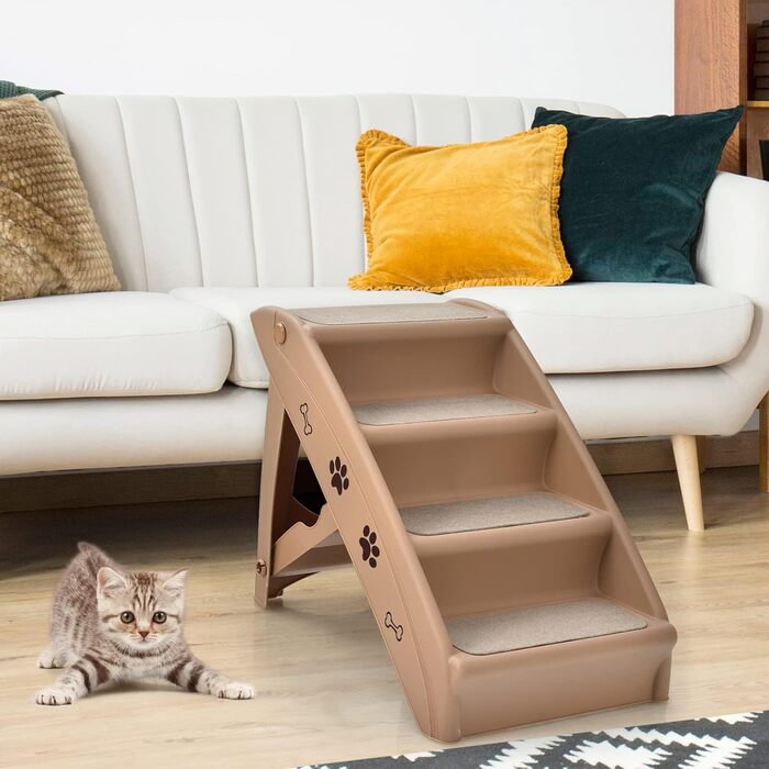 COSTWAY 4-Step Pet Staircase with Carpet, Dog Stairs Plastic Cat Stairs Folding, Portable Dog Ramp Pet Stairs for Dogs and Cats, Pet Ramp for Climbing and Scratching (Brown)