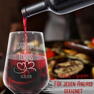 Engraved Wine Glasses - Hearts - Personalize with Name & Date - Engraved Red Wine Glasses for Couples, Gift for Valentine's Day, Wedding, Christmas, Set of 2