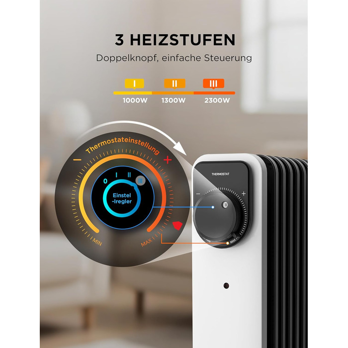 Електричний масляний радіатор Midea 2000W з 11 ребрами, 3 режими нагріву, термостат, захист від перекидання та перегріву, тихий, для дому та офісу
