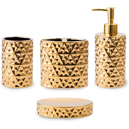 Набір аксесуарів для ванної кімнати з кераміки, золото: мильниця, тримач для зубних щіток, стаканчик та мильниця. Стильний декор для раковини, подарунок на новосілля