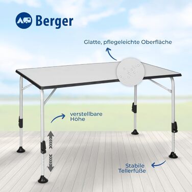 Стіл кемпінговий розкладний BERGER Ivalo 2, 115x70 см, алюмінієвий, регульована висота, для саду, балкону, тераси, сірий