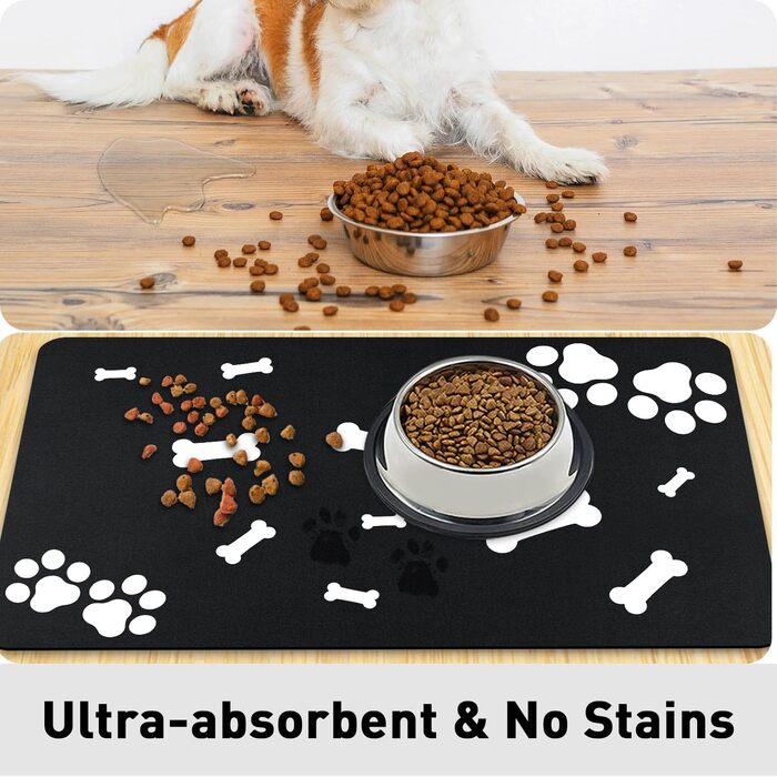 Килимок для годування домашніх тварин, надпоглинувач, для собак та котів, з антиковзким гумовим дном, швидковисихаючий, можна прати, 40 x 60 см, 2 пари малюнків лап, чистий чорний кістяний візерунок