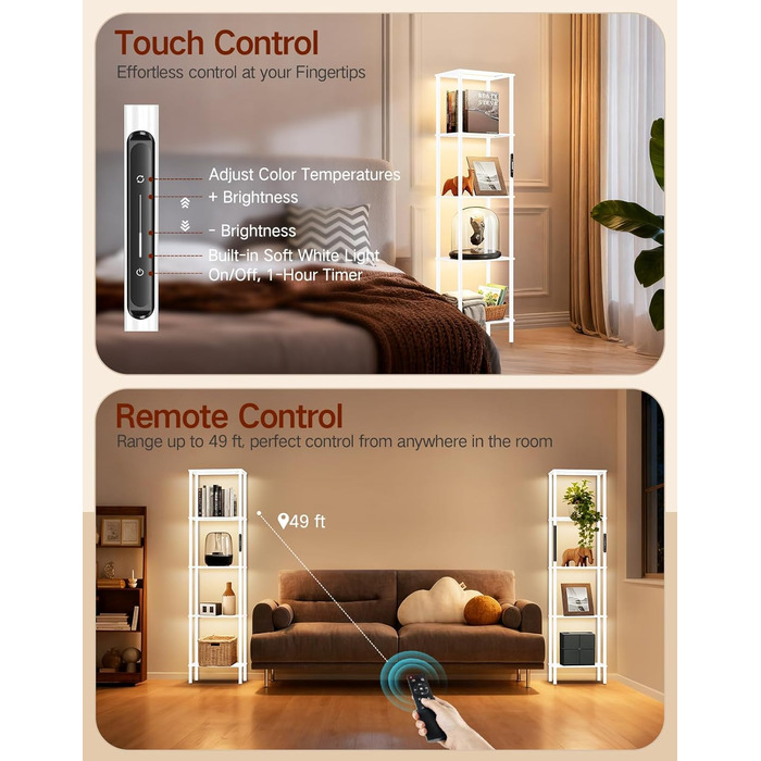 Стельова лампа з поличкою, LED, регулювання яскравості, 3 колірні температури, сенсорне управління та пульт, полиця для книг, дерев'яна, сучасний дизайн для вітальні, спальні, офісу (білий)