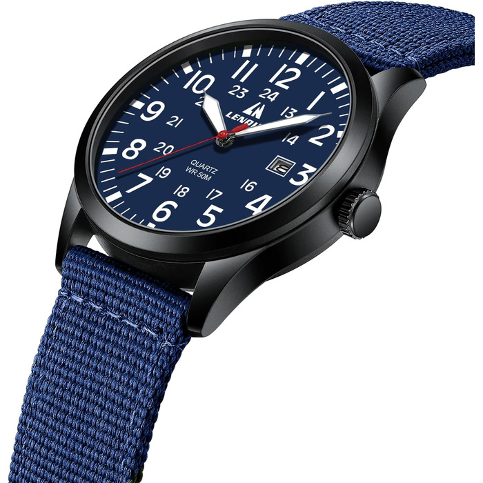 Годинник чоловічий LN LENQIN Military - тактичний годинник з датою, водонепроникний (30M), кварцовий, з ремінком з нейлону (армійський стиль), для спорту та активного відпочинку, блакитний, чорний, блакитний