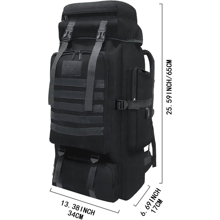Wesoke 80L тактичний туристичний рюкзак MOLLE, водонепроникний, військовий, для походів і подорожей, велика місткість, чорний