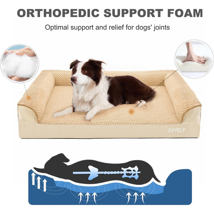 JOYELF Orthopedic Dog Bed for Large Dogs, Waterproof Foam Sofa with Removable, Washable Cover and Non-Slip Bottom for Small to Medium Dogs - (Medium - 70*52*16.5cm, Khaki)