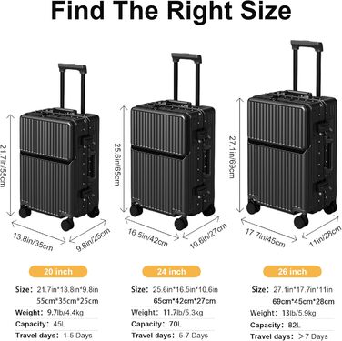 Чемодан ручної поклажі для весни/літа, відповідає вимогам авіакомпаній, з TSA-замком, 360° колесами, PC-корпусом та міцним алюмінієвим каркасом, підходить для розмірів 20'', 24'' та 26'' (20'', 24'') Чорний