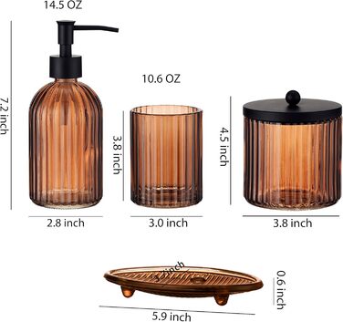 4-Piece Heavy Glass Bathroom Accessories Set with Decorative Embossed Pattern – Includes Soap Dispenser, Cup, Soap Dish, and Toothbrush Holder (brown)