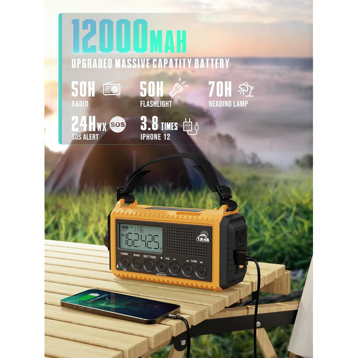 Радіо на батареї 12000mAh з ручним генератором та сонячною панеллю | AM/FM/SW, SOS, USB-C, IPX4, ліхтарик, для кемпінгу та відпочинку на природі, жовте