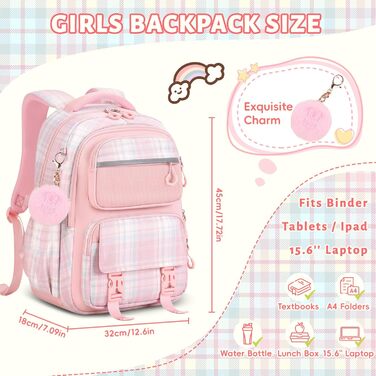 Шкільний рюкзак Tanou для дівчаток, ергономічний, великий, рожевий, з принтом в клітинку