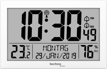 Technoline WS 8016 Modern Digital Radio Wall Clock with Temperature Display, Plastic, White, 225 x 143 x 24 mm WS8016WEISS