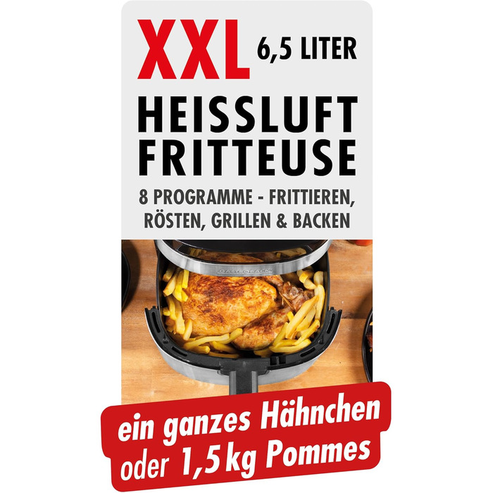 Фритюрниця GASTROBACK Air Pro XXL: 6.5 л, 8 програм, сенсорне керування, срібно-чорний колір