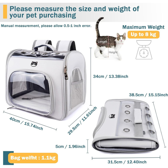 Рюкзак для кота з вікном, переноска для котів та маленьких собак (до 8 кг), сірий, дихаючий, складаний
