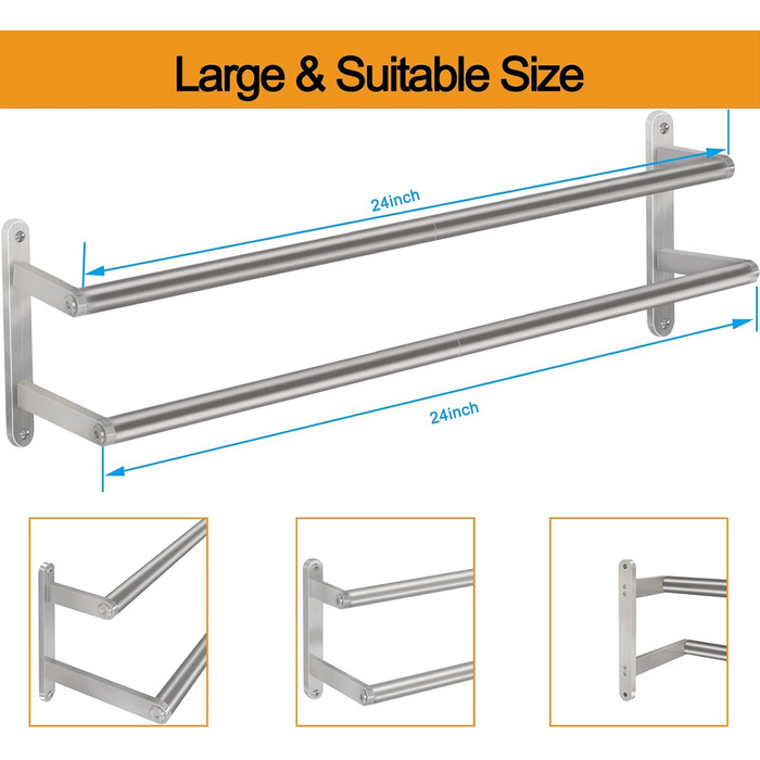 Тримач для рушників на стіну, 60 см, нержавіюча сталь, для ванної, спальні, кухні, щіткова нікель