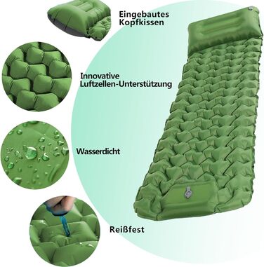 Надувний килимок для кемпінгу Isomatte - самонадувний, 9 см, для авто, намету, трекінгу, пляжу (зелений)