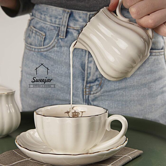 Sweejar Home Royal Ceramic Sugar and Creamer Set, 3-Piece Set with Cream Pitcher, Sugar Bowl, Sugar Set with Lid and Spoon, Coffee Service, Wedding Gift (White, New)