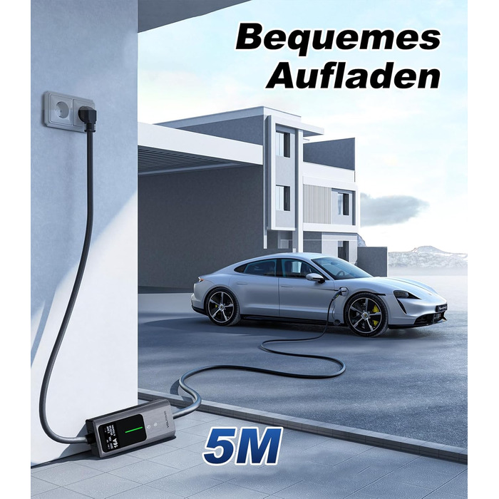 Кабель для зарядки електромобіля Type 2, 3.6 кВт / 5 м, 6A-16A, портативний зарядний пристрій для електрокар, сумісний з EU-Schuko (3.68 кВт)