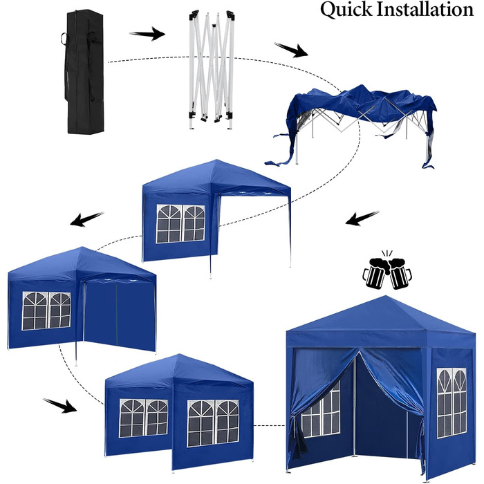 CLIPOP Pop Up Pavilion 3 x 3 m, Outdoor Folding Pavilion with 4 Side Walls and Carry Bag, UV Protection Garden Pavilion for Wedding, Outdoors, Camping, Beach
