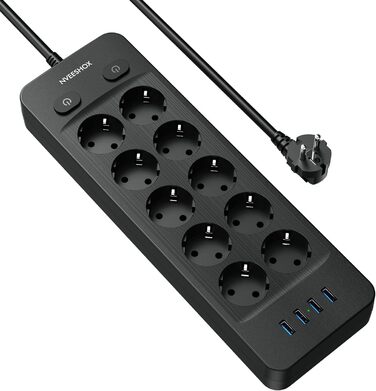 Мережевий фільтр NVEESHOX з 10 розеток, 3 USB-A та 1 USB-C (20W PD), з індивідуальними вимикачами, захист від перенапруги, 2м, для дому та офісу (Чорний)