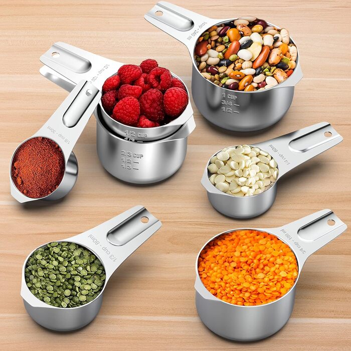 Stainless Steel Measuring Cups Wildone Metal Measuring Cup Set with easy-to-read markings for measuring dry or liquid ingredients, 7-piece set
