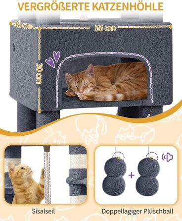 Кігтеточка для котів Hzuaneri, 176 см, XL, 3 платформи, 2 печери, 7 кігтеточних стовпів, гамак, плюшеві кульки, для багатокотових домівок, темно-сірий MS17618SG