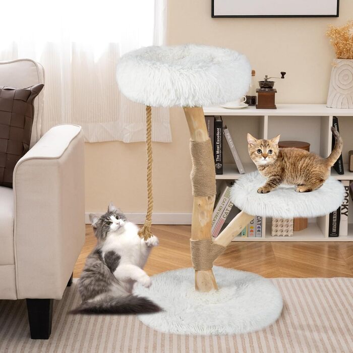 Дерев'яний кігтеточки для котів COSTWAY 90 см, 3-ярусний, з плюшем, джутовим мотузком, білий + натуральний колір