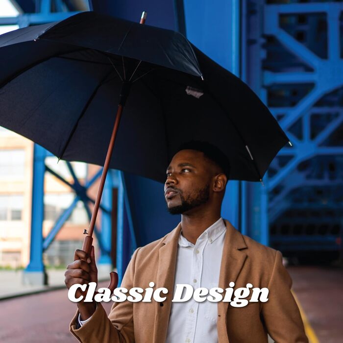 Еко-парасолька Totes з дерев'яною ручкою, чорно-сіро-помаранчевий смугастий дизайн, універсальний розмір, темно-синій