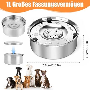 Миска для собак без розливання, нержавіюча сталь, плаваюча годівниця, протиковзна основа, миска без розлиття для цуценят та кошенят, здорове пиття (1л)