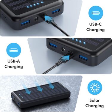 Power Bank Pxwaxpy 26800mAh з сонячною панеллю, USB-C, 15W PD, 3.0A, LED ліхтарик, сірий