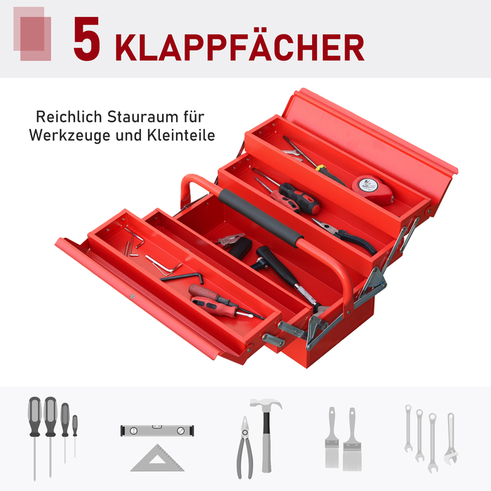 DURHAND Tool Case Space-Saving 5 Compartments Folding Stable Steel SPCC Red 45x22.5x34.5cm for Organization & Transport