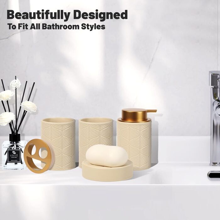 Набір аксесуарів для ванної кімнати з кераміки, 4 шт. (дозатор для миючого засобу, тримач для зубних щіток, органайзер для косметики, склянка), сучасний декор для ванної, бежевий