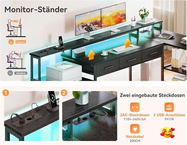 Ігровий стіл Coleshome з 7 висувними ящиками та великим об'ємом зберігання, 199.5×145.5 см, кутовий стіл з RGB LED підсвічуванням, реверсивний L-подібний стіл з 2 розетками, ідеальний для офісу та геймінгу, чорний, 199.5×145.5 см