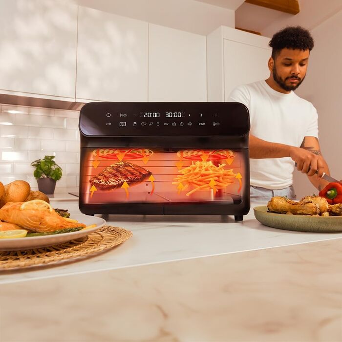 Cecotec Digital Hot Air Fryer with 9L - Cecofry Advance 9000 Inox Air Fryer. 2800W, 2 Containers, 4.5L, Dual Temperature, adjustable from 80-200 ºC, 7 Programs, Multifunctional Touch Panel Dark Stainless Steel 2 Baskets 4.5 Liters