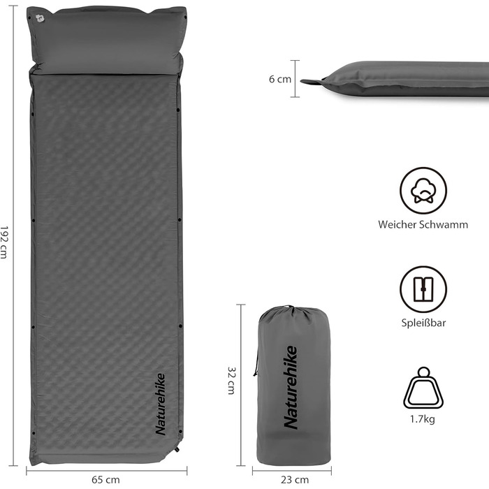 Кемпінговий килимок Naturehike з самонадувною подушкою, 6 см, сірий. Підходить для кемпінгу, подорожей з рюкзаком та автотуризму