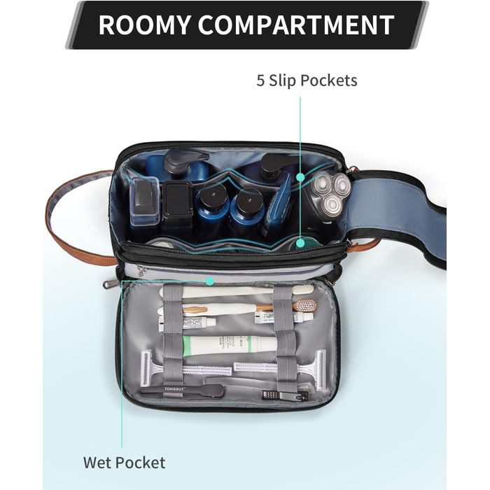 Чоловіча дорожня косметичка ECOHUB, водонепроникна, з відділенням для мокрого одягу, з ремінцями, з перероблених матеріалів, з подвійною блискавкою (Синьо-зелений, Чорний)